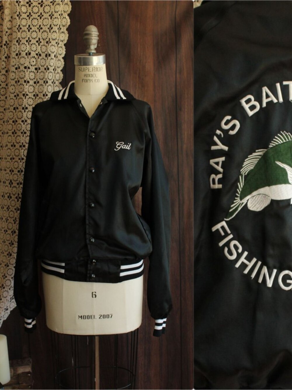Vintage 1970s 1980s Men's Bomber Jacket, Black Satin Rennoe Vineland NJ Fishing